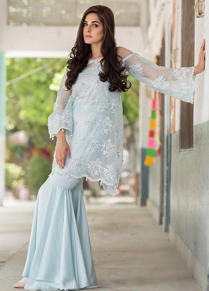 Maroon by Iqra Chaudhry Pret Embroidered Net 3 Piece Suit Ice Blue