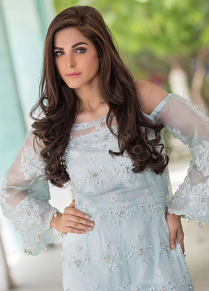 Maroon by Iqra Chaudhry Pret Embroidered Net 3 Piece Suit Ice Blue