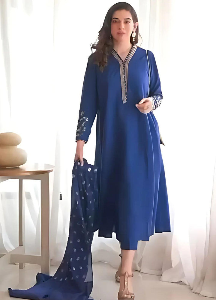 Maroon by Iqra Chaudhry Pret Embroidered Raw Silk 3 Piece Suit Midnight Blue