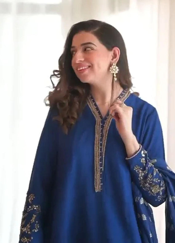 Maroon by Iqra Chaudhry Pret Embroidered Raw Silk 3 Piece Suit Midnight Blue