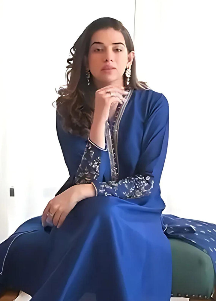 Maroon by Iqra Chaudhry Pret Embroidered Raw Silk 3 Piece Suit Midnight Blue