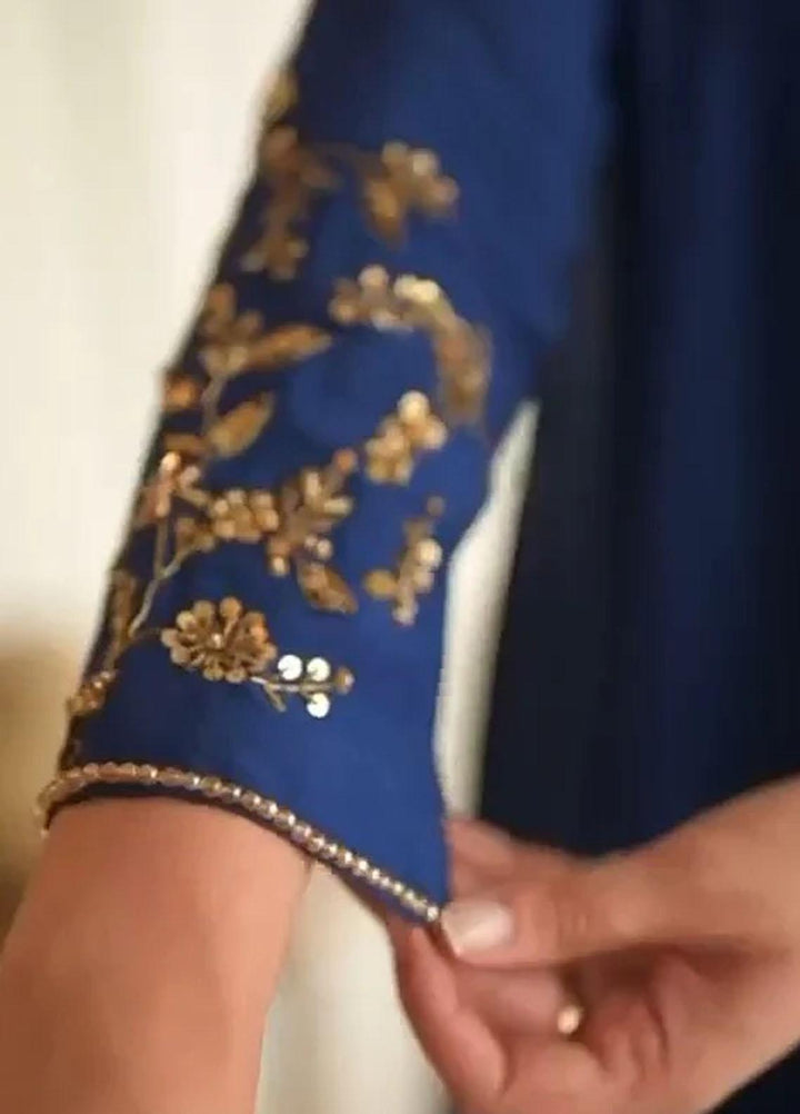 Maroon by Iqra Chaudhry Pret Embroidered Raw Silk 3 Piece Suit Midnight Blue