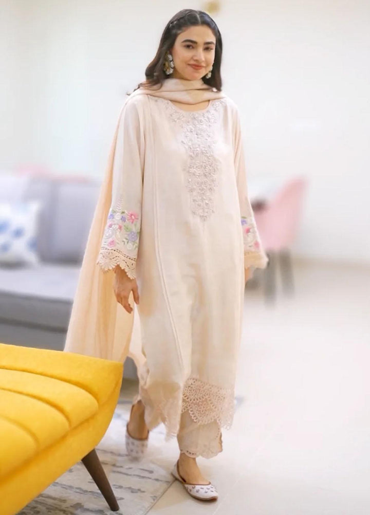 Maroon by Iqra Chaudhry Pret Embroidered Raw Silk 3 Piece Suit Neutral Peach