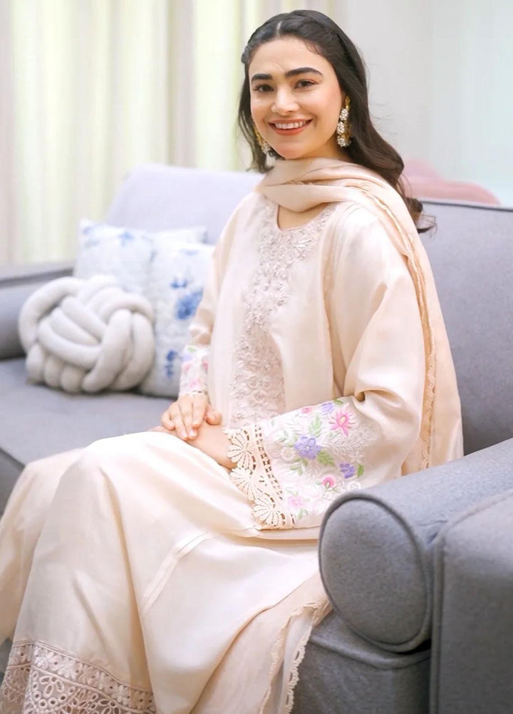 Maroon by Iqra Chaudhry Pret Embroidered Raw Silk 3 Piece Suit Neutral Peach