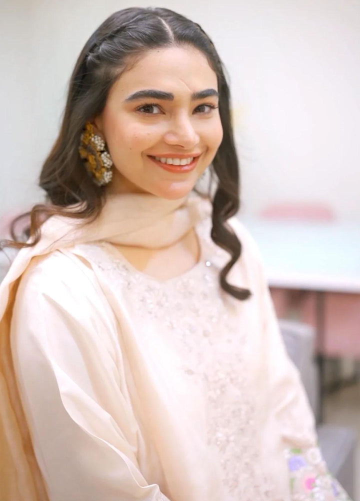 Maroon by Iqra Chaudhry Pret Embroidered Raw Silk 3 Piece Suit Neutral Peach