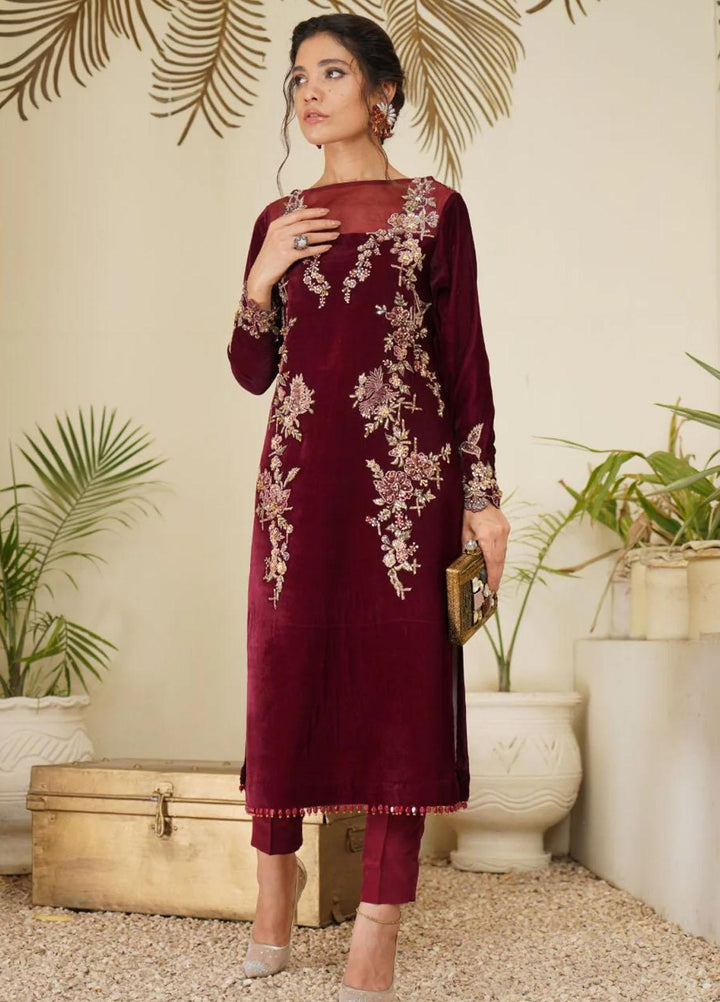 Maroon by Iqra Chaudhry Pret Embroidered Velvet 2 Piece Suit Ruby