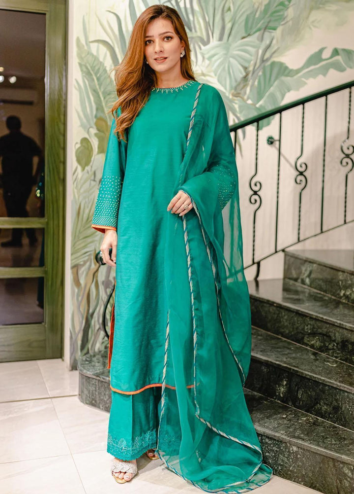 Maroon by Iqra Chaudhry Pret Embroidered Raw Silk 3 Piece Suit Teal