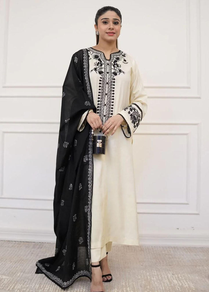 Maroon by Iqra Chaudhry Pret Embroidered Khaadi Silk 3 Piece Suit Vainilla Off-White