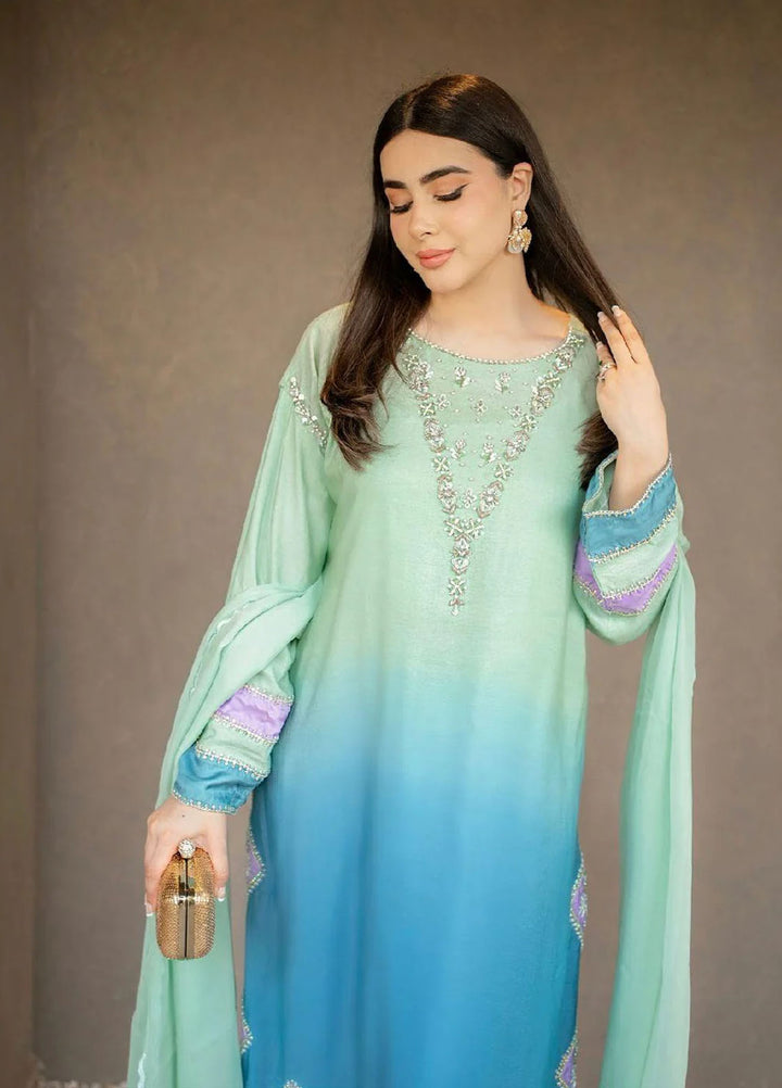 Maroon by Iqra Chaudhry Pret Embroidered khaadi net 3 Piece Suit Blue Mint