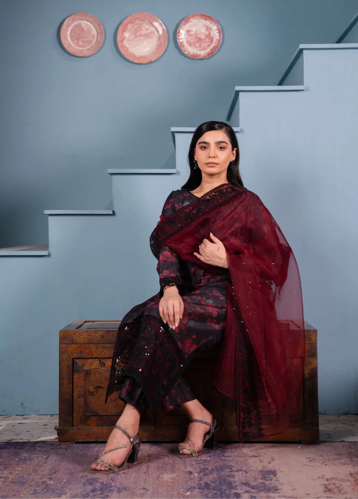 Maroon by Iqra Chaudhry Pret Embroidered Khaadi Net 3 Piece Suit Hannah