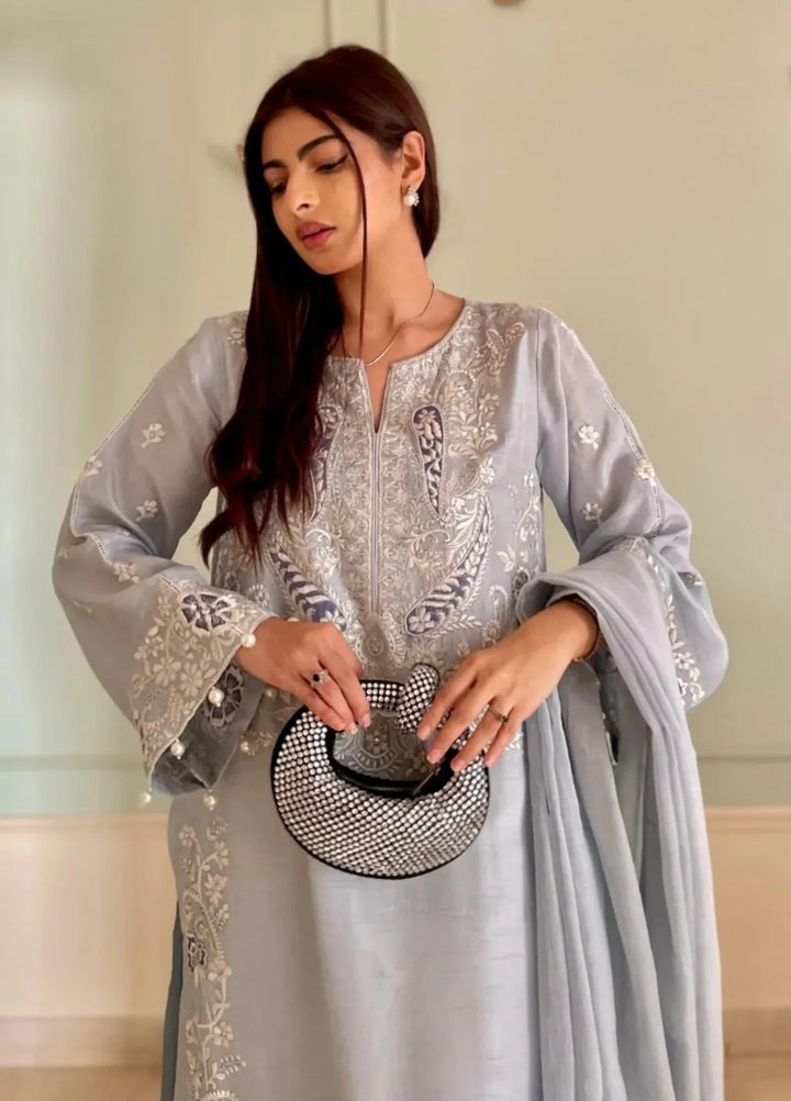 Maroon by Iqra Chaudhry Pret Embroidered Raw Silk 3 Piece Suit Cashmere Blue