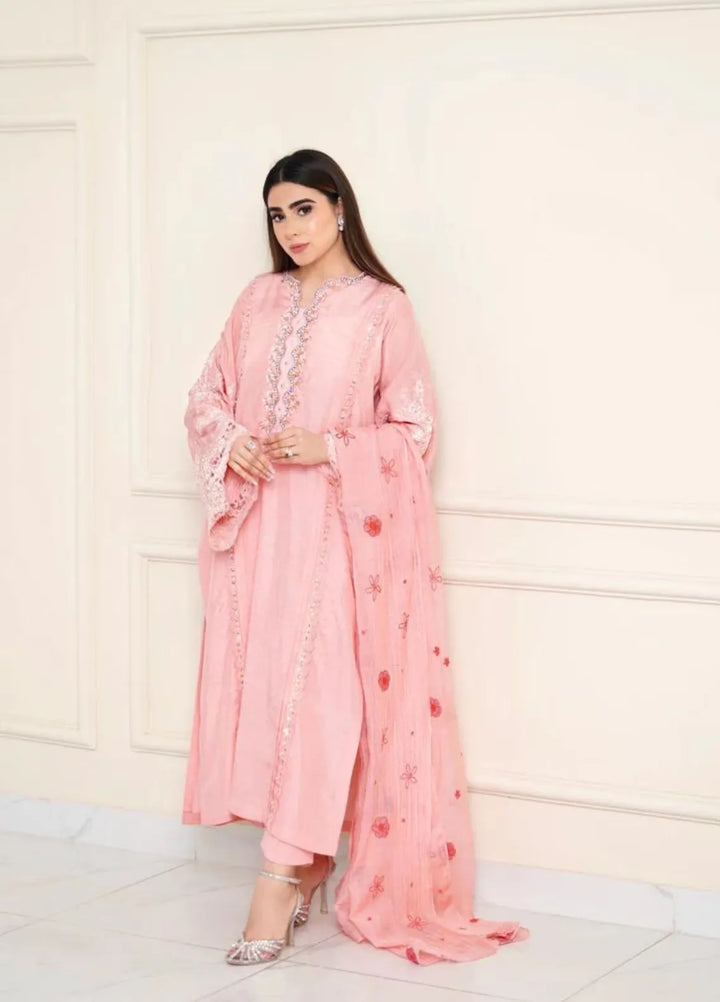 Maroon by Iqra Chaudhry Pret Embroidered Raw Silk 3 Piece Suit Flamingo Pink