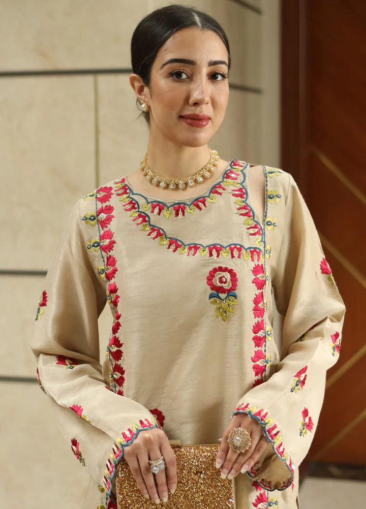Maroon by Iqra Chaudhry Pret Embroidered Raw Silk 3 Piece Suit Flora beige