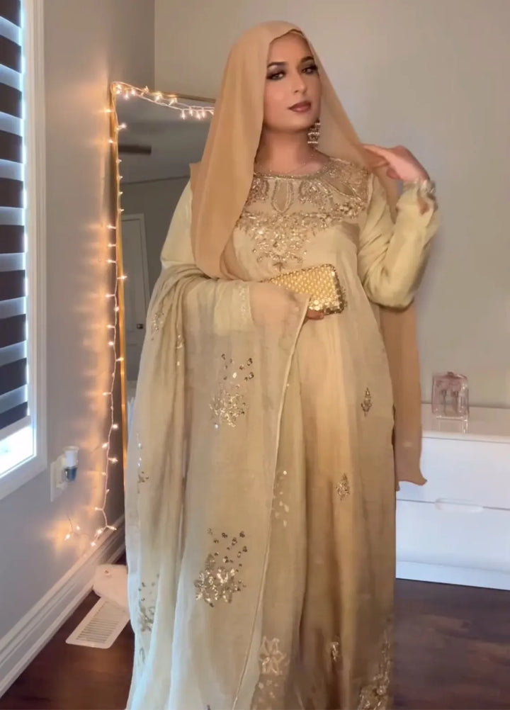 Maroon by Iqra Chaudhry Pret Embroidered Raw Silk 3 Piece Suit Pale Khaki