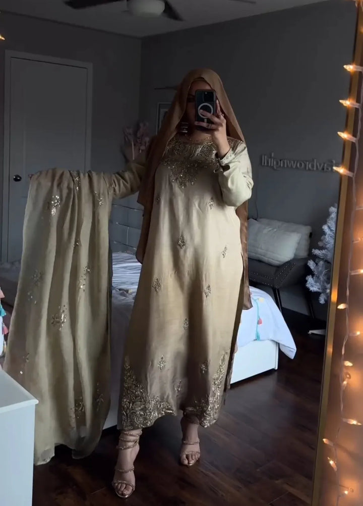 Maroon by Iqra Chaudhry Pret Embroidered Raw Silk 3 Piece Suit Pale Khaki