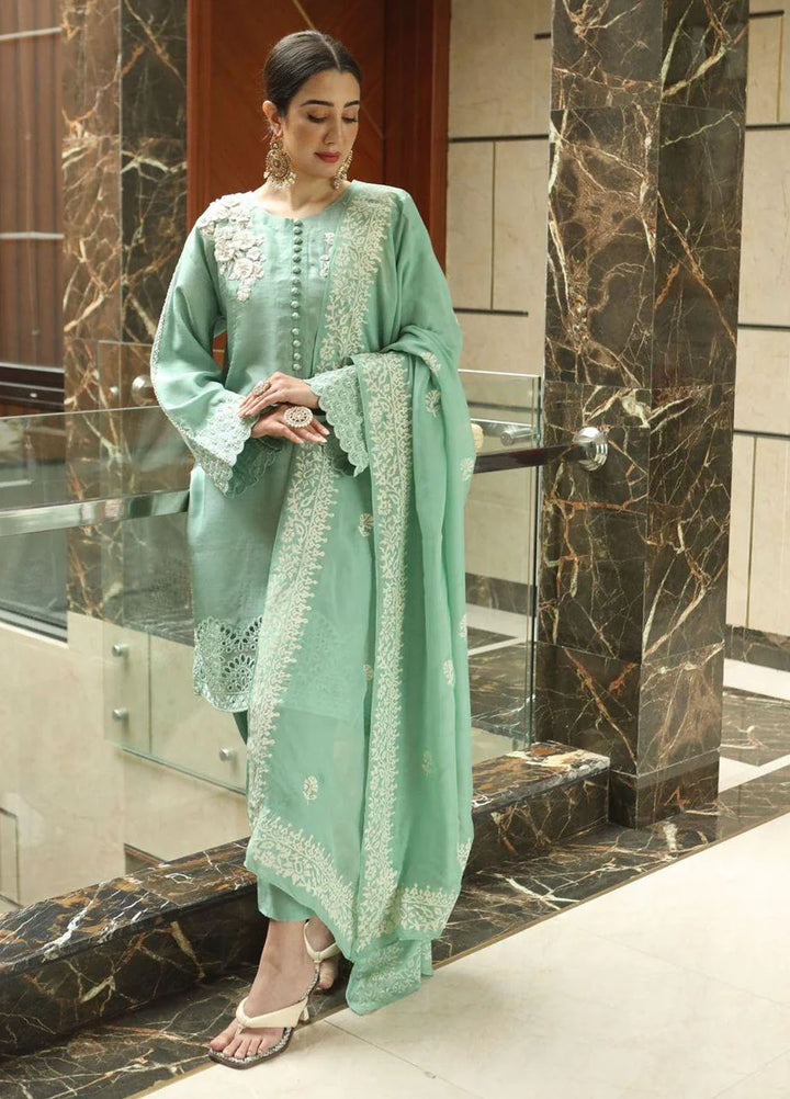 Maroon by Iqra Chaudhry Pret Embroidered Raw Silk 3 Piece Suit Pistachio Pearl