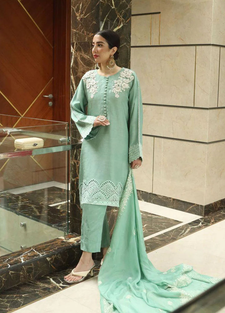 Maroon by Iqra Chaudhry Pret Embroidered Raw Silk 3 Piece Suit Pistachio Pearl