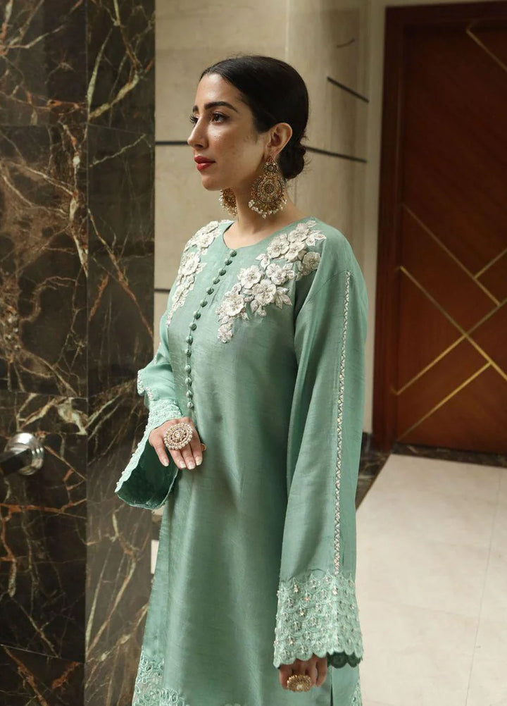 Maroon by Iqra Chaudhry Pret Embroidered Raw Silk 3 Piece Suit Pistachio Pearl