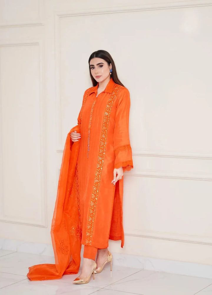 Maroon by Iqra Chaudhry Pret Embroidered Raw Silk 3 Piece Suit Pumpkin Orange