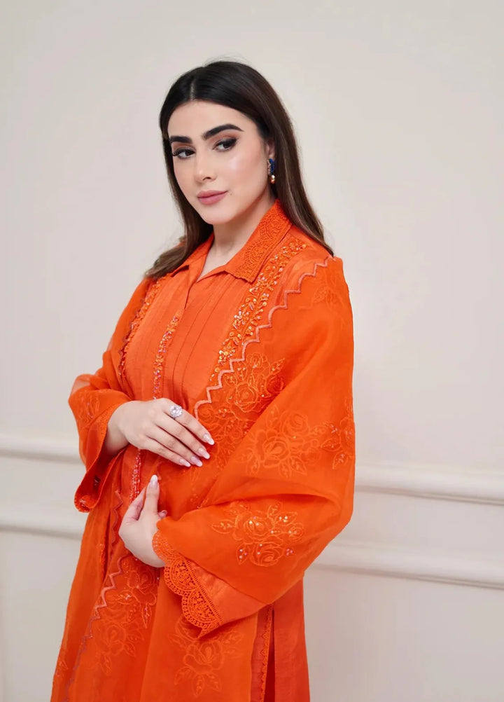 Maroon by Iqra Chaudhry Pret Embroidered Raw Silk 3 Piece Suit Pumpkin Orange