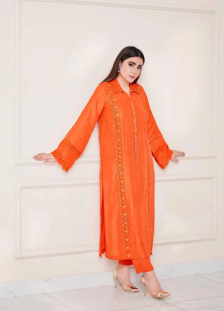 Maroon by Iqra Chaudhry Pret Embroidered Raw Silk 3 Piece Suit Pumpkin Orange