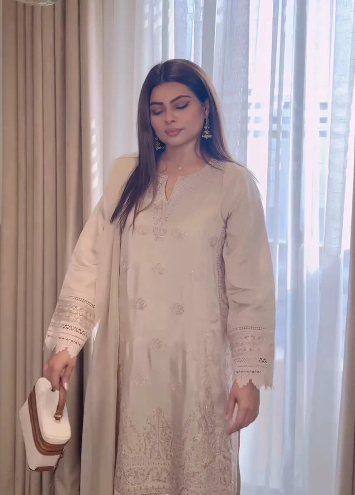 Maroon by Iqra Chaudhry Pret Embroidered Raw Silk 3 Piece Suit Soothing Beige