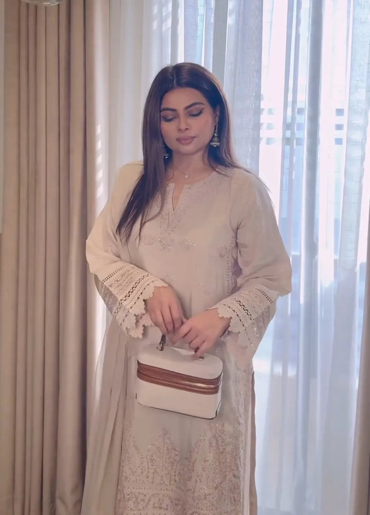 Maroon by Iqra Chaudhry Pret Embroidered Raw Silk 3 Piece Suit Soothing Beige