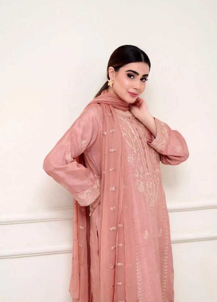Maroon by Iqra Chaudhry Pret Embroidered Raw Silk 3 Piece Suit Terracotta
