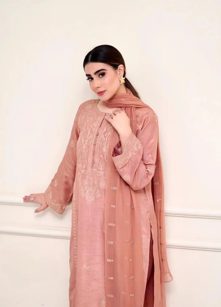 Maroon by Iqra Chaudhry Pret Embroidered Raw Silk 3 Piece Suit Terracotta