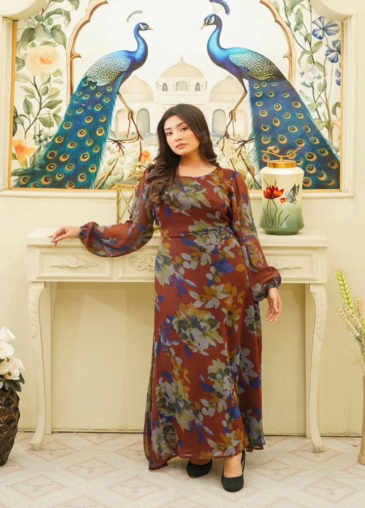 Mebae Apparels Pret Printed Chiffon 1 Piece Midnight Floral Elegance Maxi