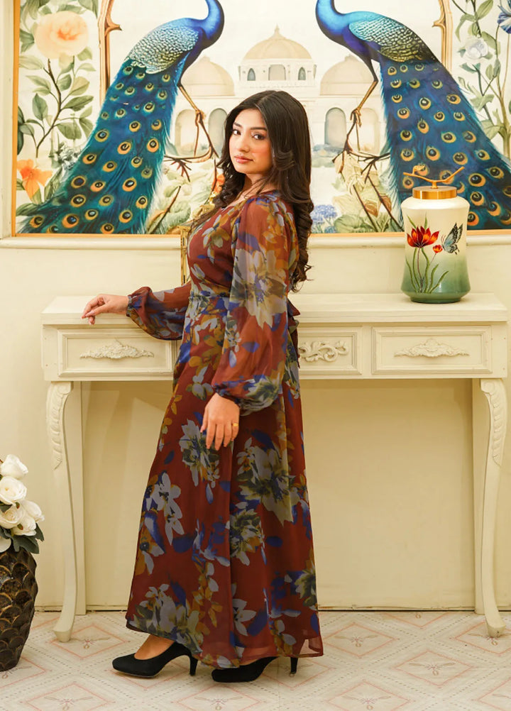 Mebae Apparels Pret Printed Chiffon 1 Piece Midnight Floral Elegance Maxi