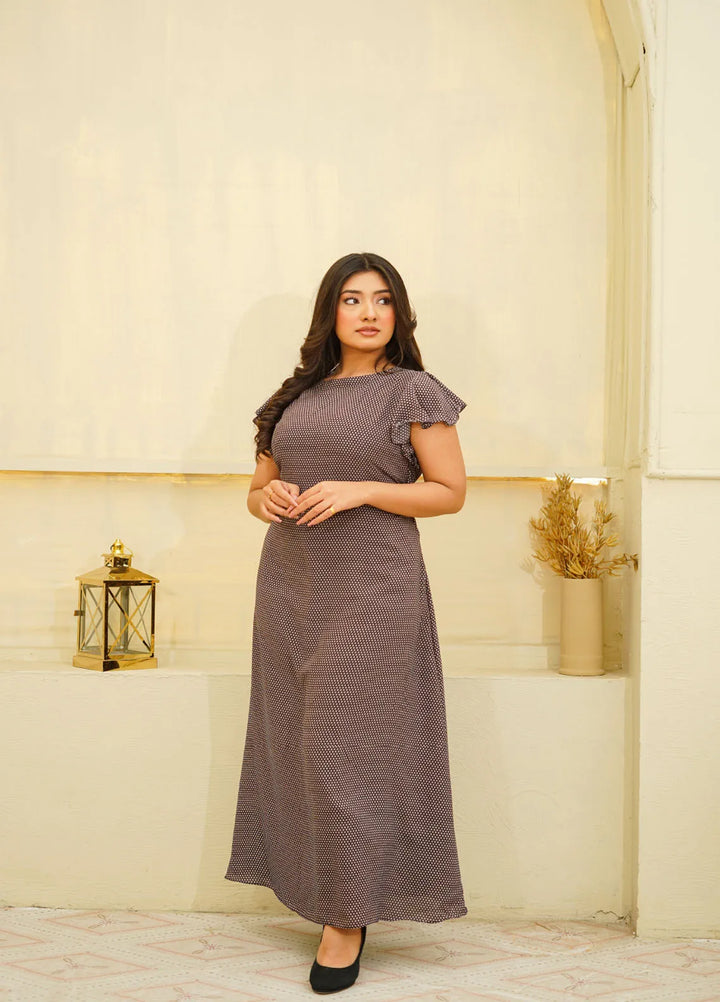 Mebae Apparels Pret Printed Crepe 1 Piece Starlit Ruffle Charm Gown Maxi