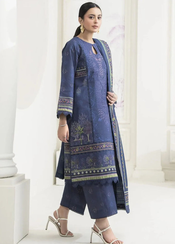 Meerak Pret Printed Khaddar 3 Piece Suit Sapphire