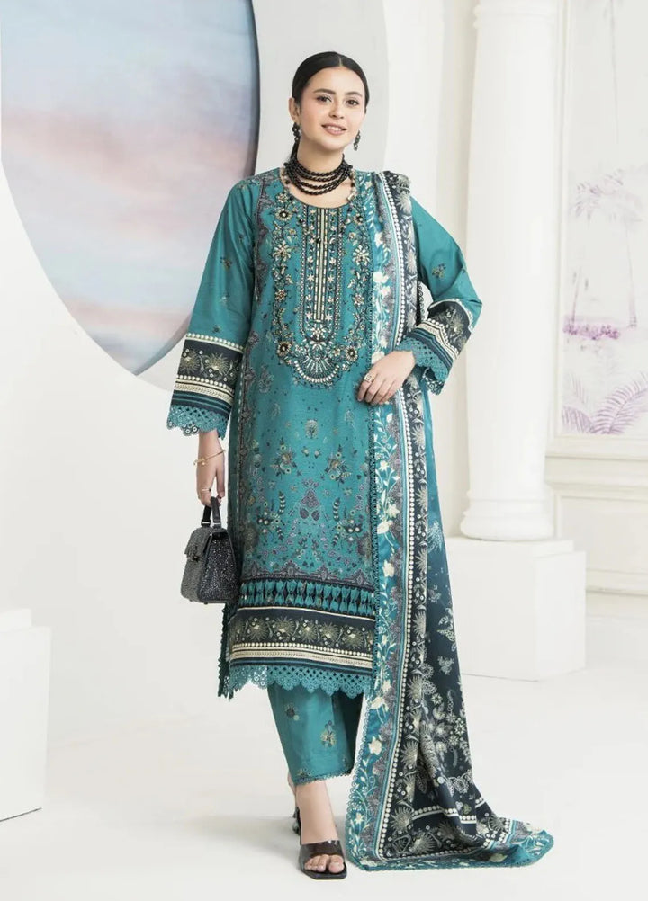 Meerak Pret Printed Khaddar 3 Piece Suit Turquoise