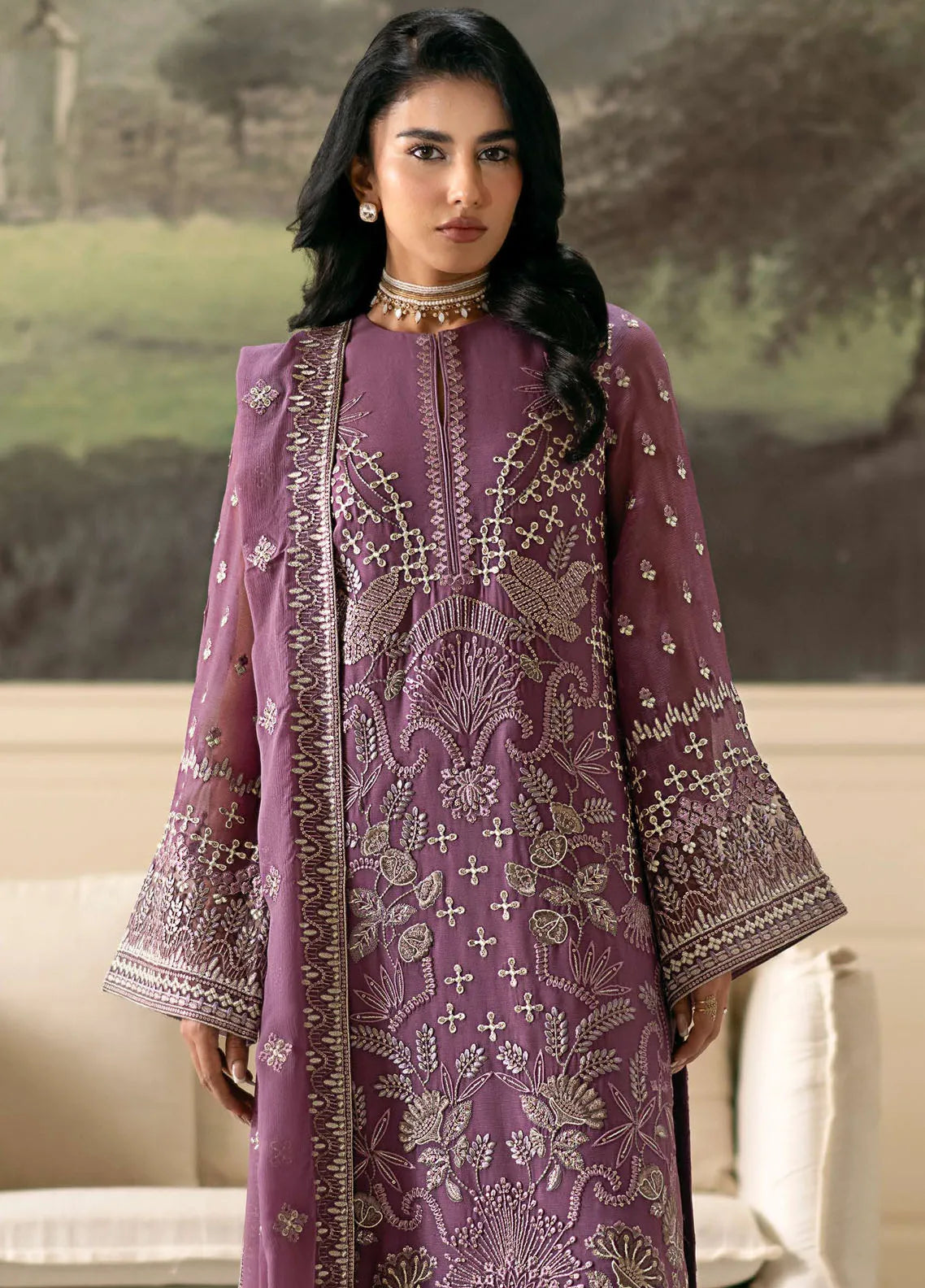 Kuch Khas By Flossie Embroidered Chiffon Suits Unstitched 3 Piece FS23KKLU K-1207 Auspiciously Oyster - Luxury Collection