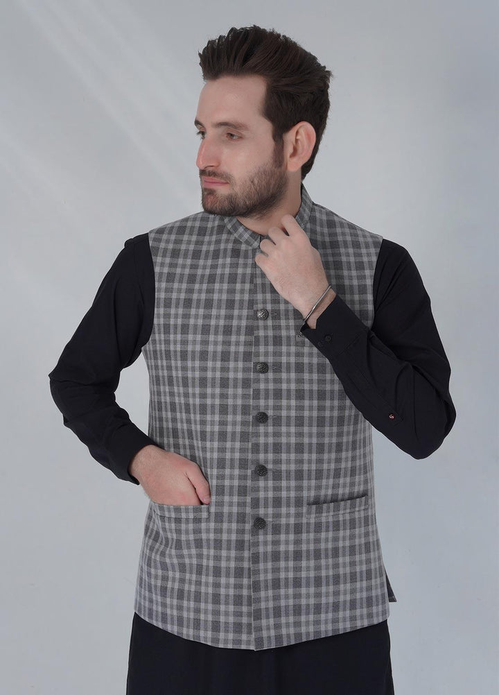 Sanaulla Exclusive Range Cotton Formal Waistcoat for Men -  W-1173 Grey Black