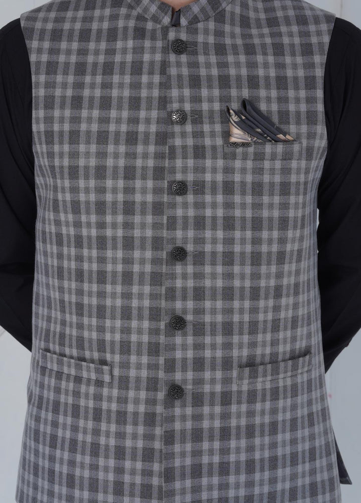 Sanaulla Exclusive Range Cotton Formal Waistcoat for Men -  W-1173 Grey Black