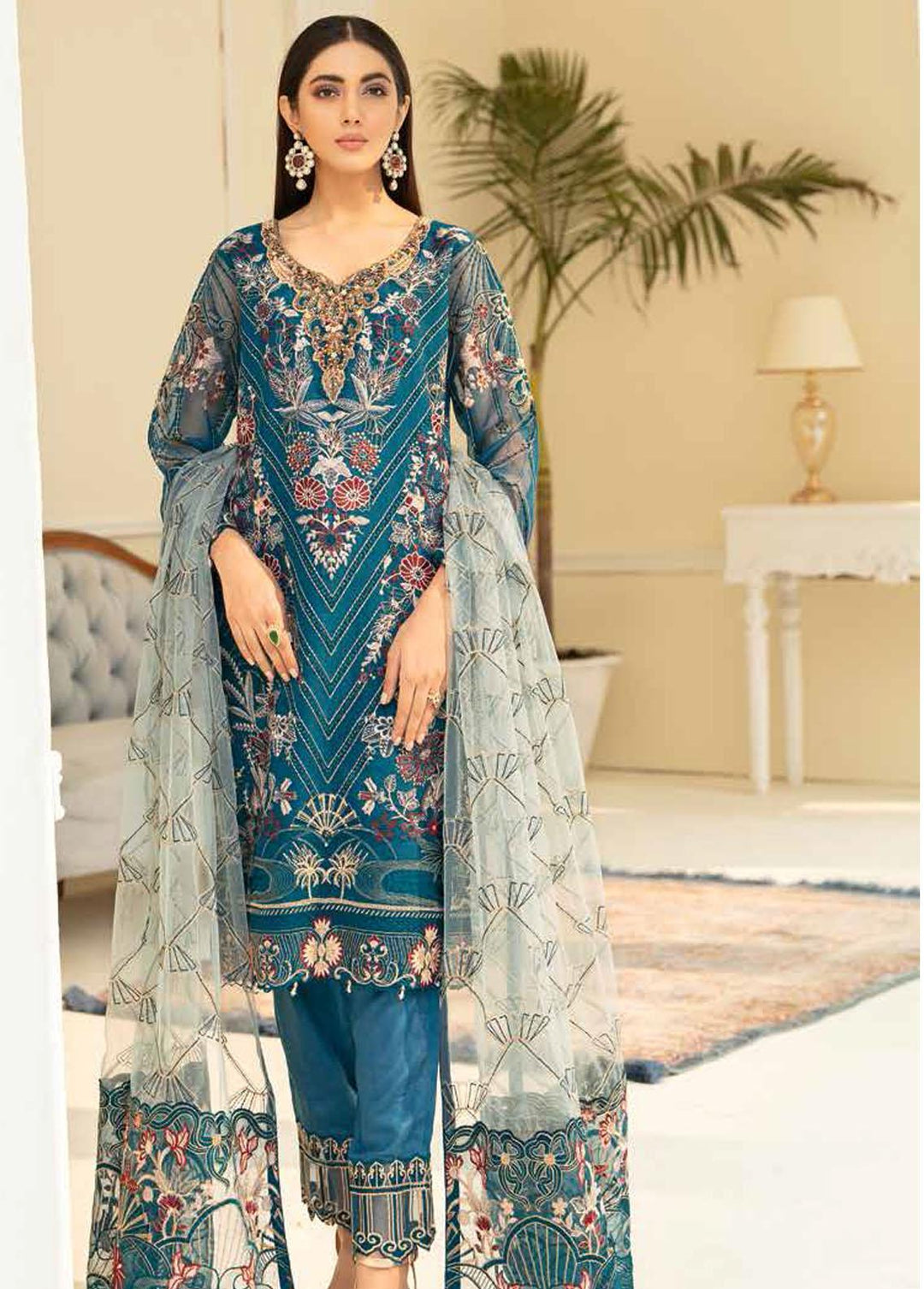 Minhal by Ramsha Embroidered Organza Suits Unstitched 3 Piece RSH22-M5 M-504 - Luxury Collection