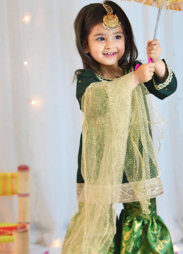 Mom4Little Pret Embroidered Raw Silk 3 Piece Bottle Green Gharara Set