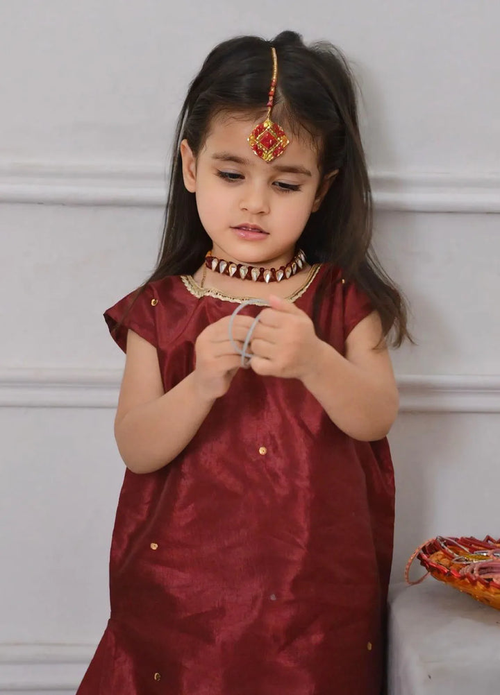 Mom4Little Pret Plain Katan Silk 2 Piece Maroon Farshi shalwar set