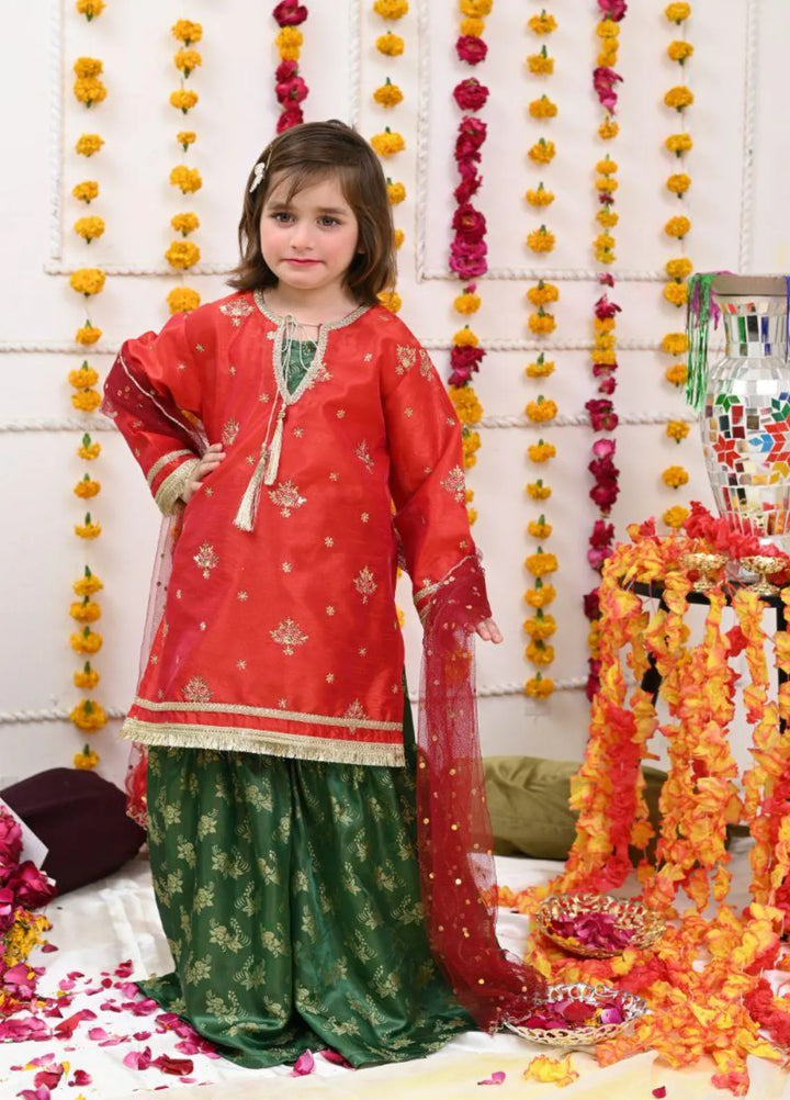 Mom4Little Pret Raw silk Tomato Red and Green Gharara Set