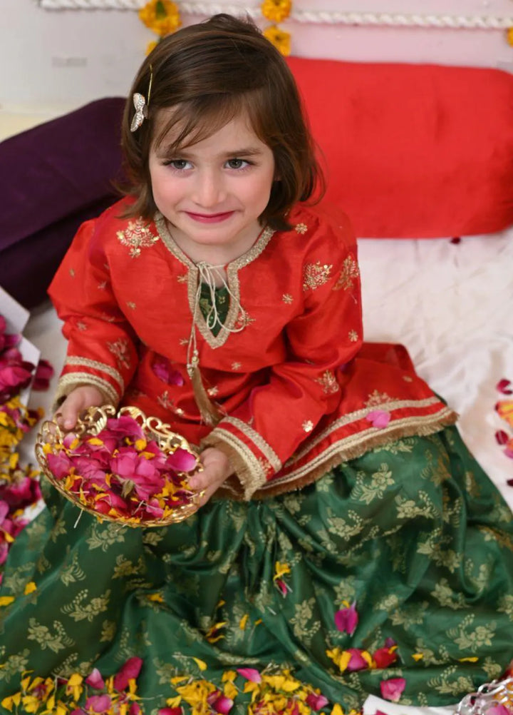 Mom4Little Pret Raw silk Tomato Red and Green Gharara Set