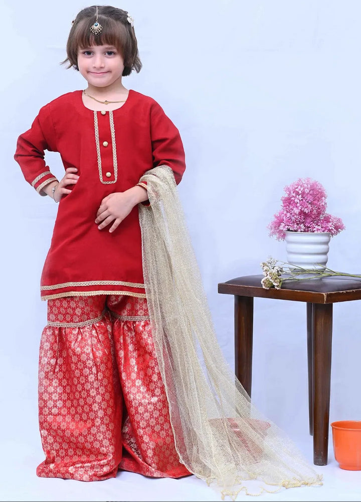 Mom4Little Pret Red Raw Silk Gharara Set