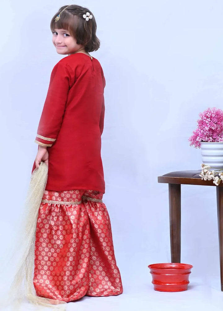 Mom4Little Pret Red Raw Silk Gharara Set