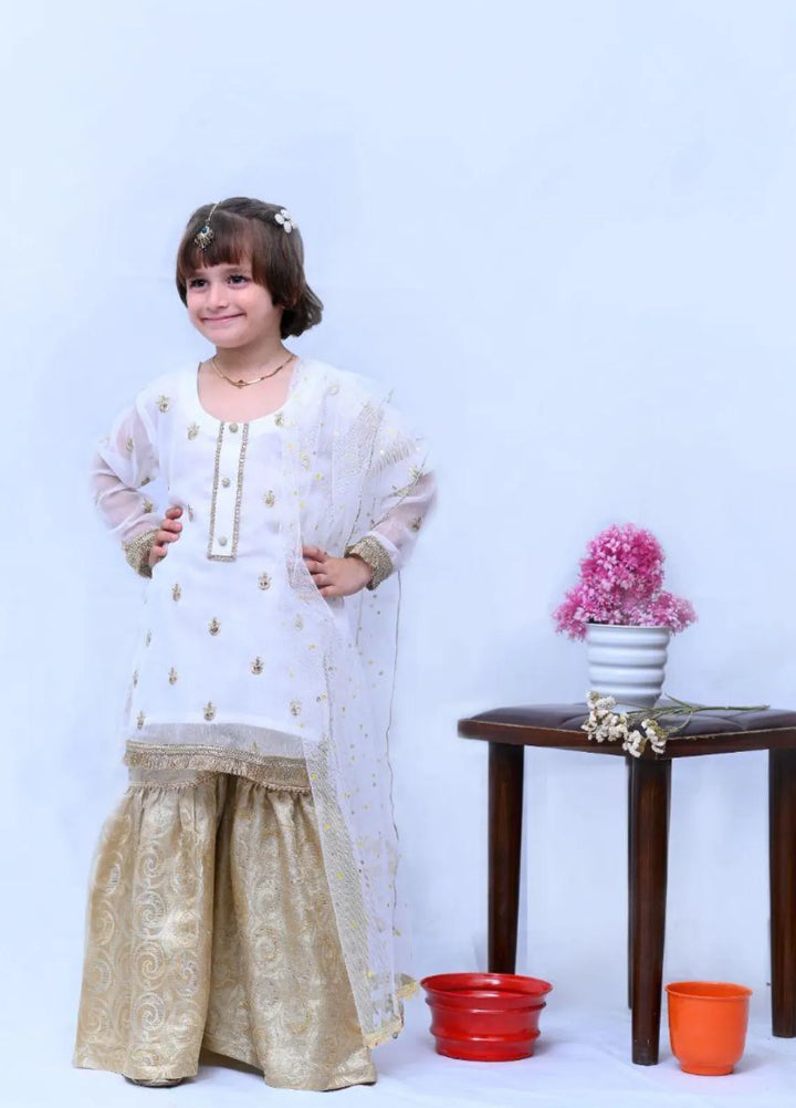 Mom4Little Pret White Chiffon Gharara Set