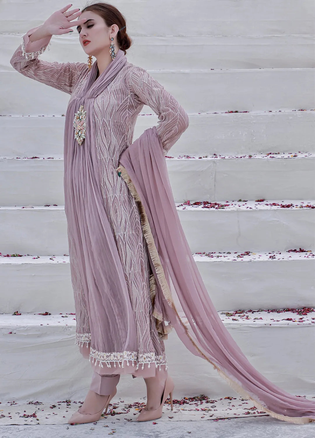 Mona Embroidery Luxury Pret Embroidered Chiffon 3 Piece Suit Dreamy Bloom-Lilac