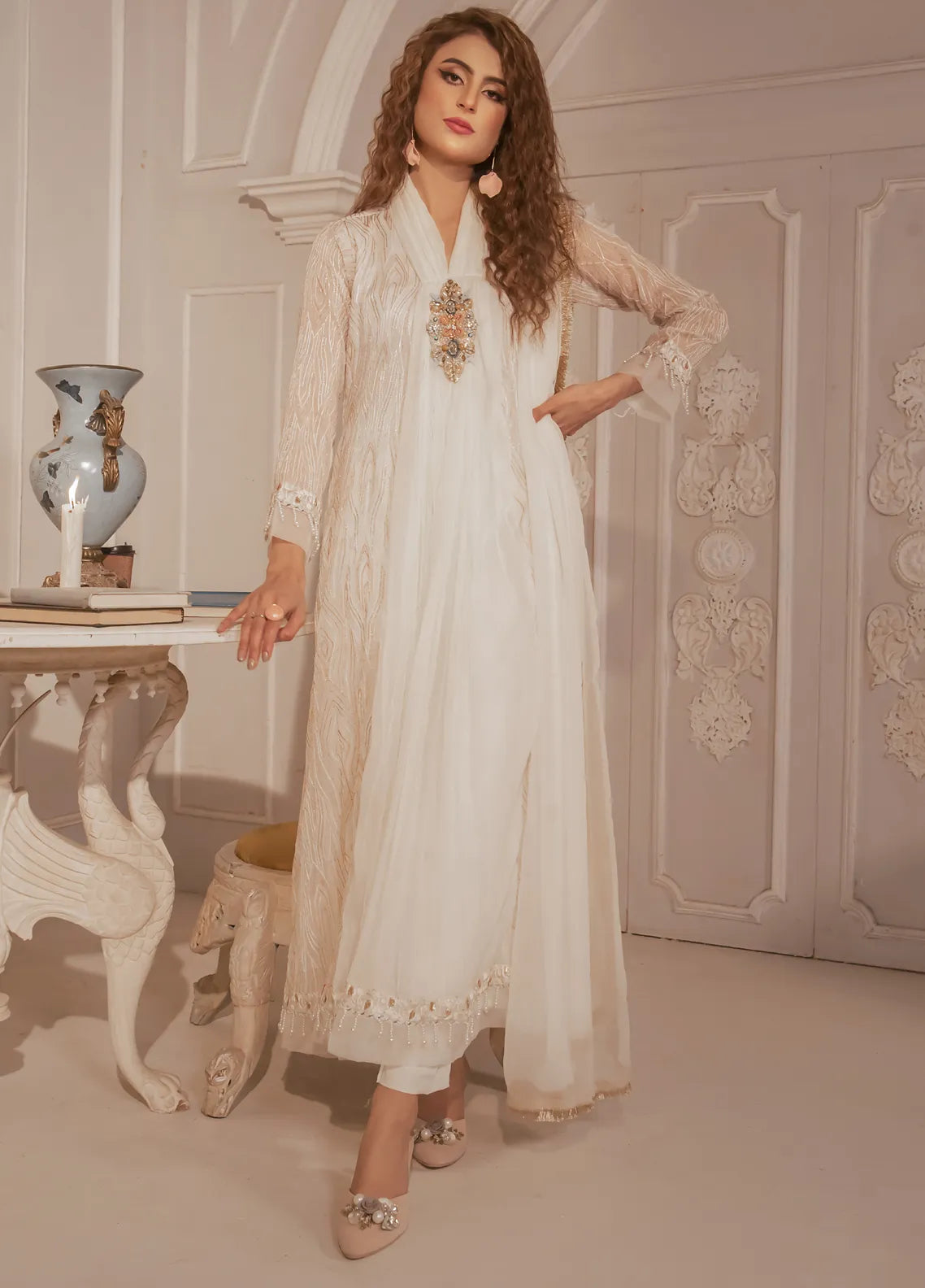 Mona Embroidery Pret Embroidered Chiffon 3 Piece Suit Majestic Allure-Off-White main image 1