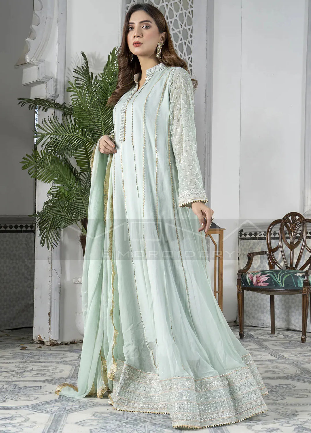 Mona Embroidery Luxury Pret Embroidered Chiffon 3 Piece Suit Embellish Azure-Mint-Green