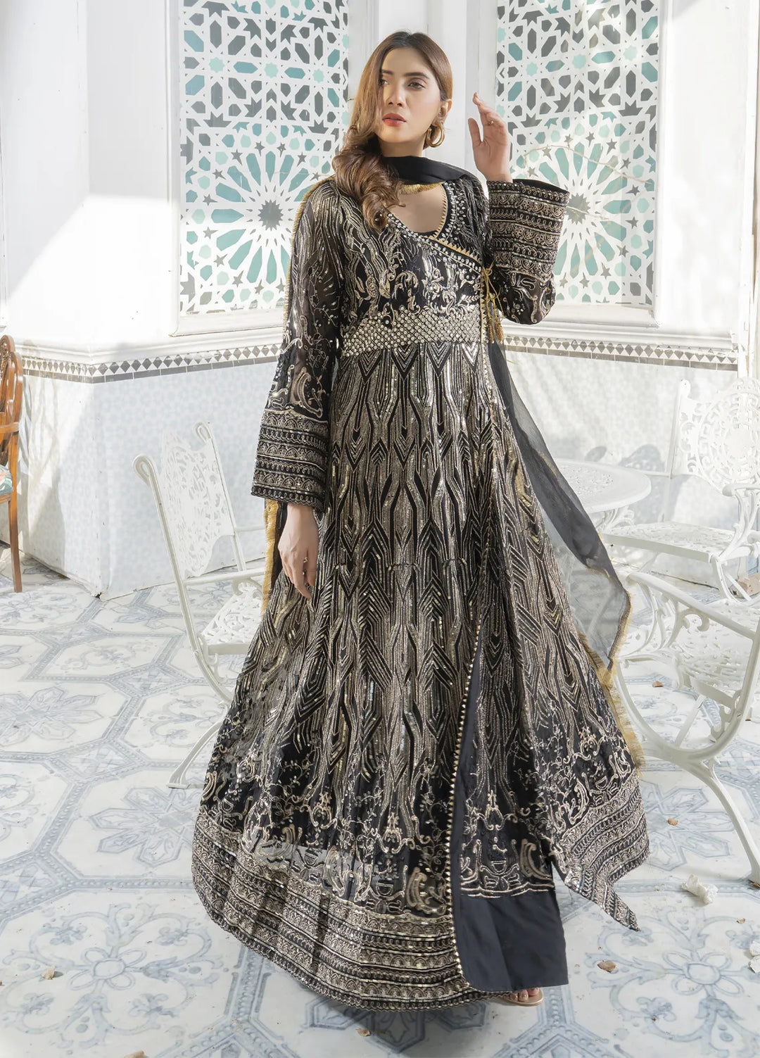 Mona Embroidery Pret Embroidered Chiffon 3 Piece Suit Aquamarine-Black