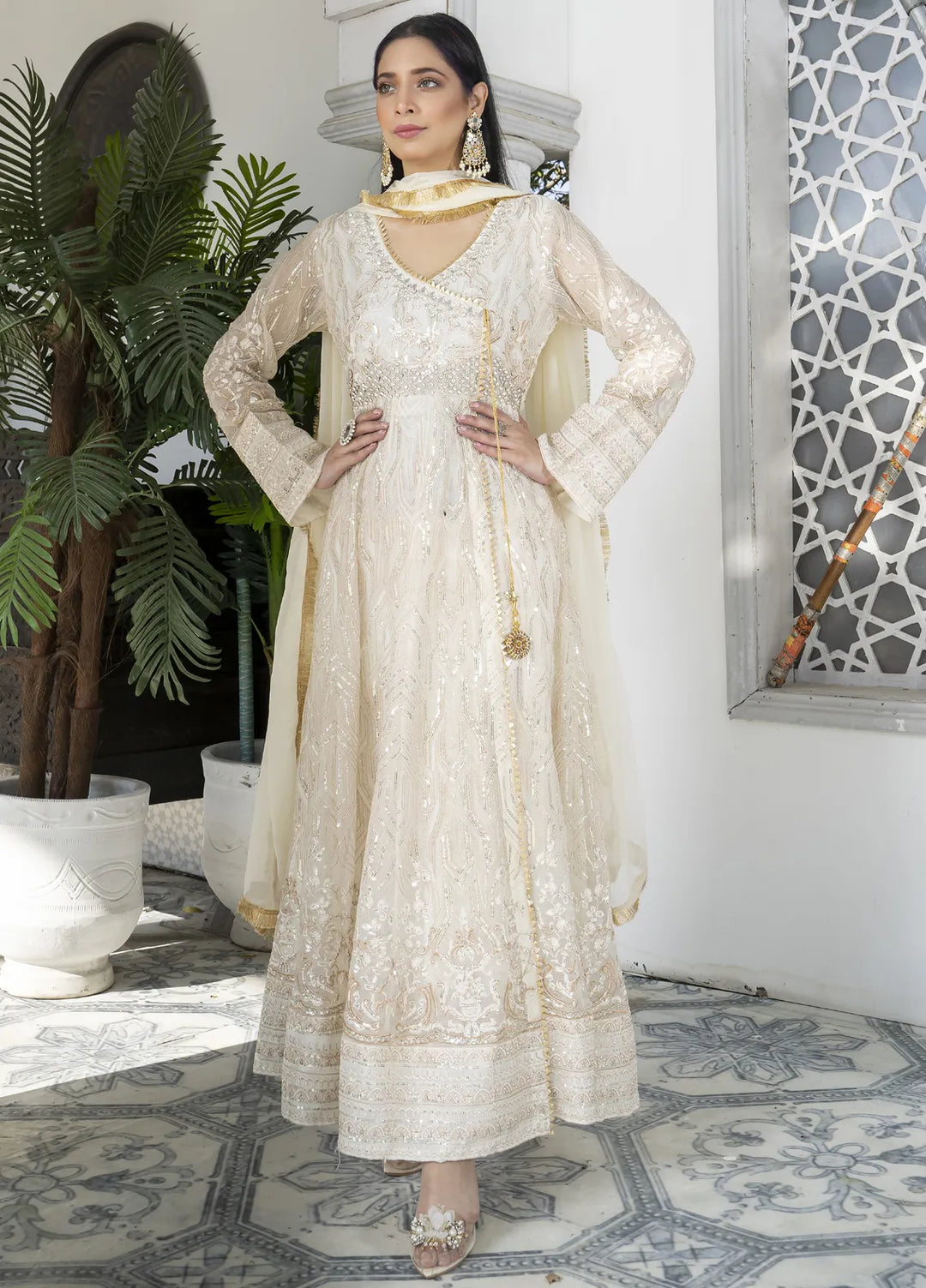 Mona Embroidery Pret Embroidered Chiffon 3 Piece Suit Aquamarine-Off-White